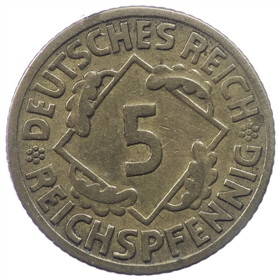 German Weimar Republic 1925F 5 Pfennig Extra Fine (EF-40)