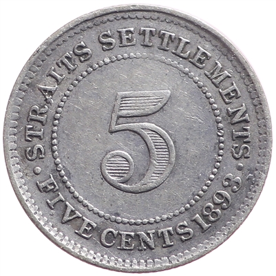 Straits Settlements 1893 5 Cents Very Fine (VF-20)