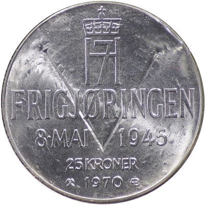 Norway 1970 25 Kroner Brilliant Uncirculated (MS-63)