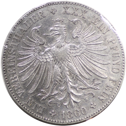 German States 1860 Frankfurt Thaler Almost Uncirculated (AU-50) $