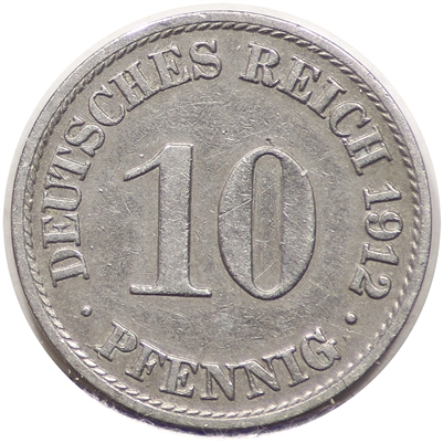 German Empire 1912A 10 Pfennig Almost Uncirculated (AU-50)