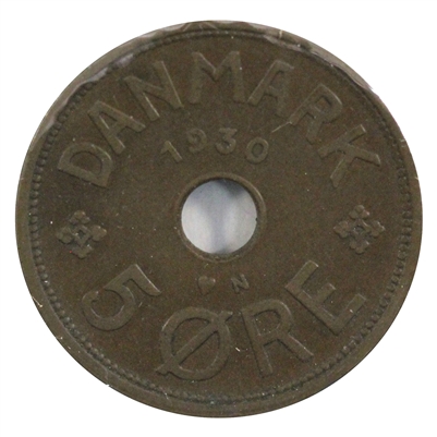 Denmark 1930NGJ 5 Ore Almost Uncirculated (AU-50)