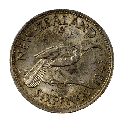 New Zealand 1943 6 Pence Almost Uncirculated (AU-50)