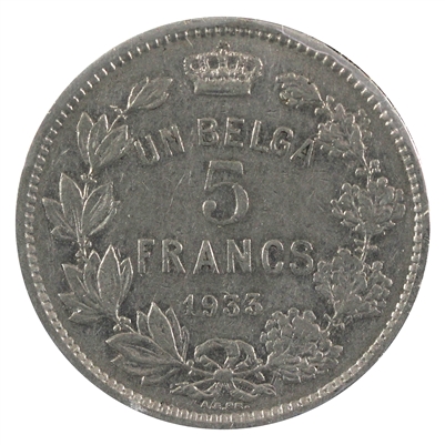 Belgium 1933 French 5 Francs Extra Fine (EF-40)