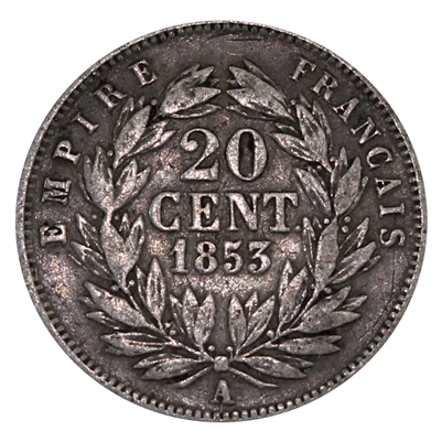 France 1853A 20 Centimes Very Fine (VF-20)