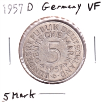 German Federal Republic 1957D 5 Marks Very Fine (VF-20)