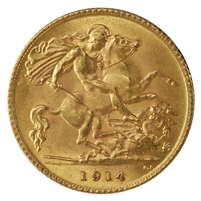 Great Britain 1914 Gold 1/2 Sovereign Choice Brilliant Uncirculated (MS-64)