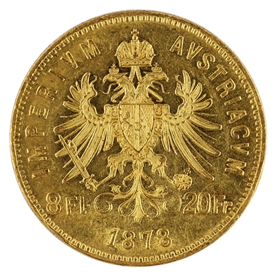 Austria 1878 Gold 20 Francs Almost Uncirculated (AU-50)