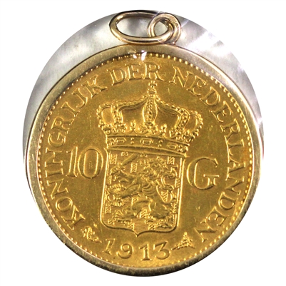 Netherlands 1913 Gold 10 Gulden UNC (MS-60) Polished, on Bezel
