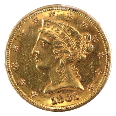 1881 USA $5 Gold 1/2 Eagle Almost Uncirculated (AU-50)