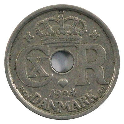 Denmark 1924 HCN-GJ 25 Ore Almost Uncirculated (AU-50)