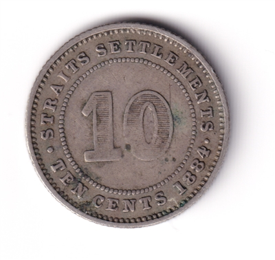 Straits Settlements 1884 10 Cents Very Fine (VF-20)