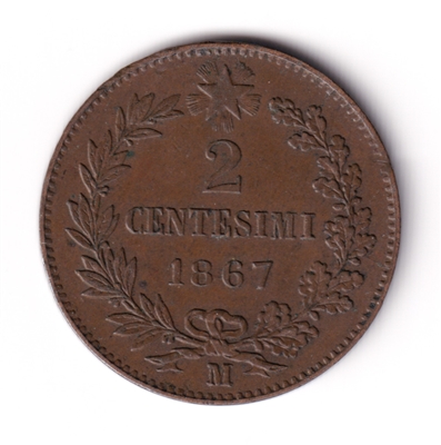 Italy 1867M 2 Centesimi Almost Uncirculated (AU-50)