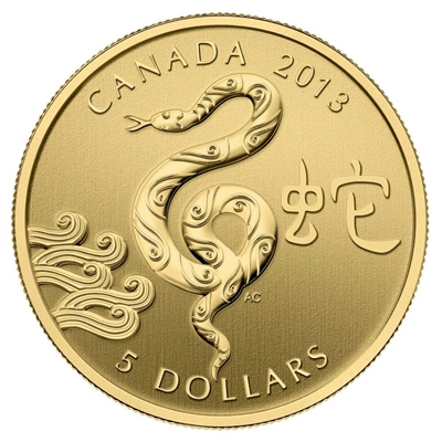 2013 Canada $5 Year of the Snake 1/10oz Pure Gold Coin (TAX Exempt)