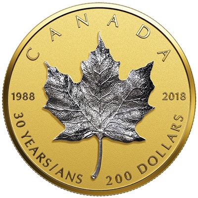 2018 Canada $200 30th Anniversary of the Silver Maple Leaf 1oz. Pure Gold 3D (No Tax)