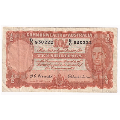 Australia Note Pick #25d 1952 10 Shillings, VF (holes)