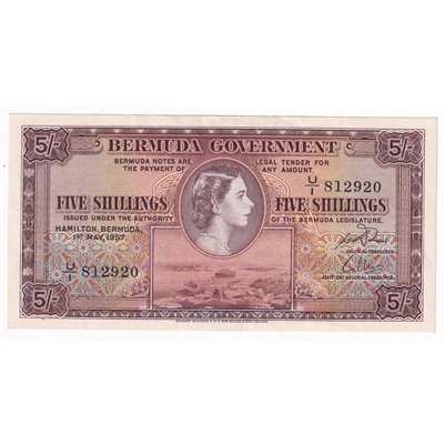 Bermuda 1957 5 Shilling Note, Pick #18b, AU-UNC 