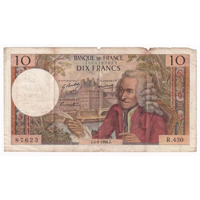 France 1968 10 Francs Note, Pick #147c ,VF-EF (damaged)
