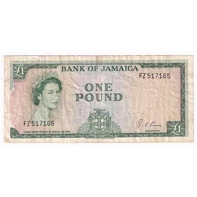 Jamaica 1964 1 Pound Note, Pick #51Ce Signature 4, VF 