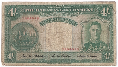 Bahamas 1936 4 Shilling Note, Pick #9a, VG 