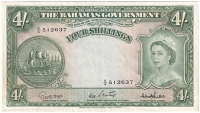 Bahamas 1953 4 Shilling Note, Pick #13c, EF-AU
