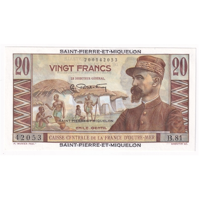 St. Pierre & Miquelon 1950-60 20 Francs Note, Pick #24, UNC 