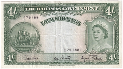 Bahamas 1953 4 Shilling Note, Pick #13d, VF-EF 