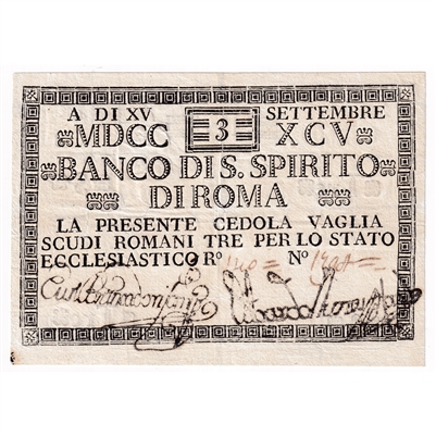 Italian States 1795 3 Scudi Note, Pick #S377, VF-EF (stain)