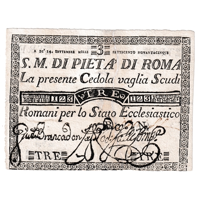 Italian States 1795 3 Scudi Note, Pick #S301, EF (repaired)