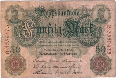 Germany 1910 50 Mark Note, Pick #41, VG (damaged) (L)