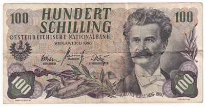 Austria 1960 100 Schilling Note, Pick #138, VF 