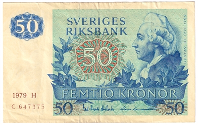 Sweden 1979 50 Kroner Note, Pick #53c, VF-EF 