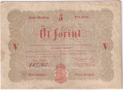 Hungary 1848 5 Forint Note, Pick #S116, VF (L) 