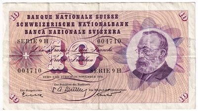 Switzerland 1956 10 Franken Note, Pick #45, VF 