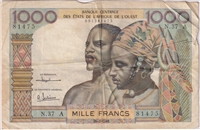 West African States 1961 1000 Francs Note, Pick #103Ac, VF (tears) (L)