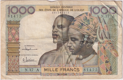 West African States 1961 1000 Francs Note, Pick #103Ac, VF (tears) (L)