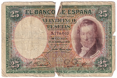 Spain 1931 25 Pesetas Note, Pick #81, Circ. 