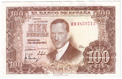 Spain 1953 100 Pesetas Note, Pick #145a, EF 