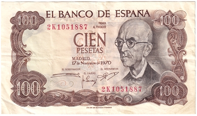 Spain 1970 100 Pesetas Note, Pick #152a, EF 