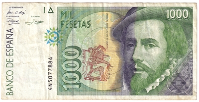 Spain 1992 1,000 Pesetas Note, Pick #163, VF 