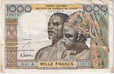 West African States 1959-65 1000 Francs Note, Pick #103Ae, EF (stains) (L)