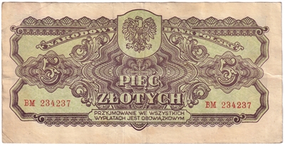 Poland 1944 5 Zlotych Note, Pick #108, VF-EF 