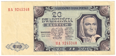 Poland 1948 20 Zlotych Note, Pick #137, VF-EF 