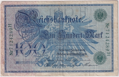 Germany 1908 100 Mark Note, Green, VG (L) 