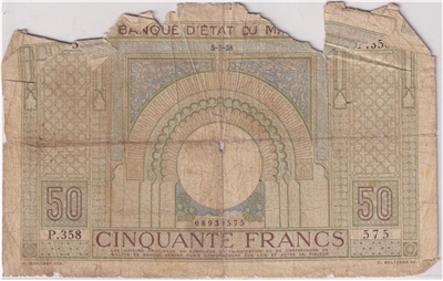 Morocco Note 1938 50 Francs, G (L)