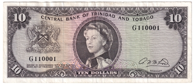 Trinidad and Tobago 1964 10 Dollar Note, Pick #28b, VF (tear)