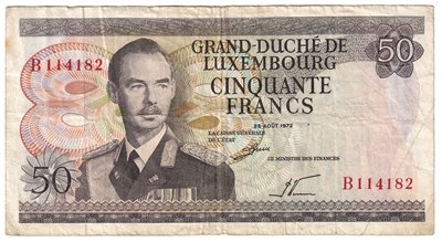 Luxembourg 1972 50 Francs Note, Pick #55a, F-VF 