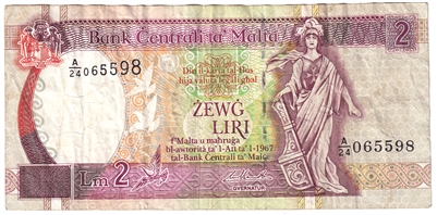 Malta 1989 2 Liri Note, Pick #41a, VF 