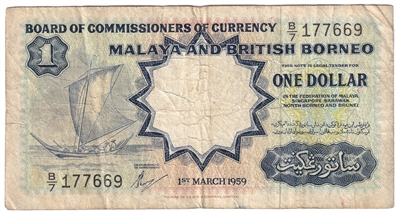 Malaya & British Borneo 1959 1 Dollar Note, Pick #8A F 