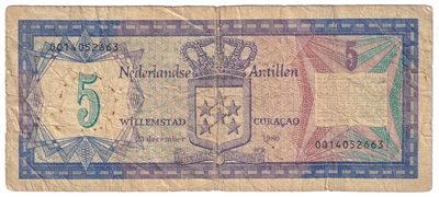 Netherlands Antilles 1980 5 Gulden Note, Pick #15a, Circ. 